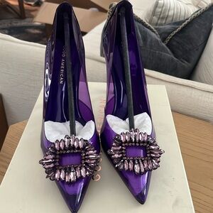 Good American Purple Patent Pointed Toe Jeweled Pumps